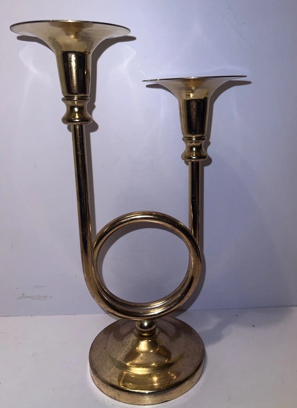Brass French Horn Double Taper Candle Holder Vintage Mcm Home Decor 11”